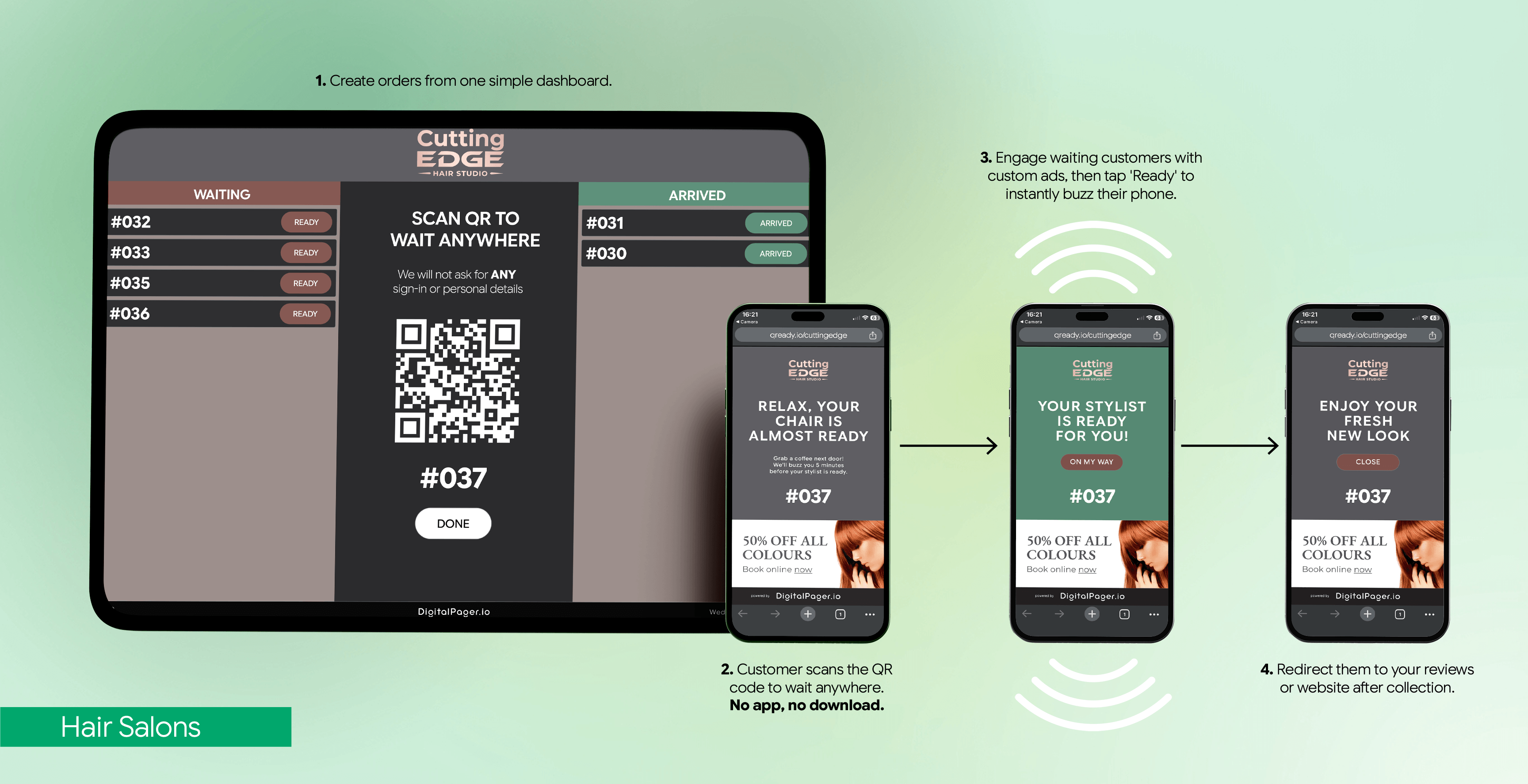 Digital pager – Cutting Edge Hair Studio queue and customer screens